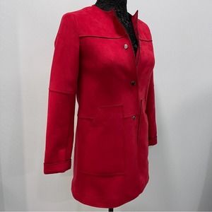 Red Stretch Faux Suede Snap Close Coat Collarless Jacket Pocket Travel Size 2 XS